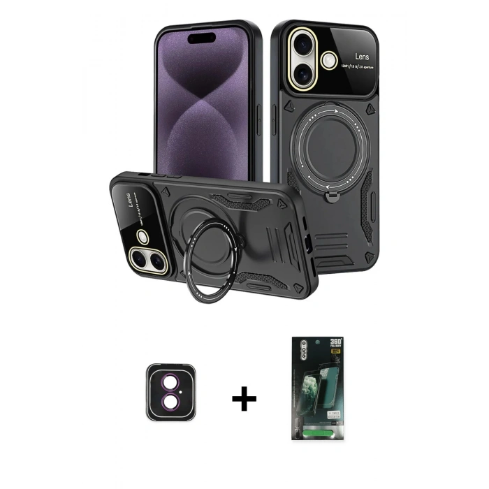 MARSİLYAN™- iPhone 16 Kılıf Kıvılcım Modern Serisi - Siyah 360 Mat Full Body Arka Koruyucu + PVD Metal Kamera Lens - PE