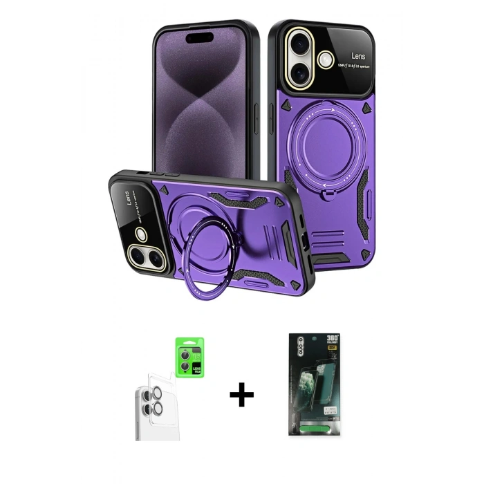 MARSİLYAN™- iPhone 16 Kılıf Kıvılcım Modern Serisi - Siyah 360 Mat Full Body Arka Koruyucu + Raze Metal Kamera Lens - BZ