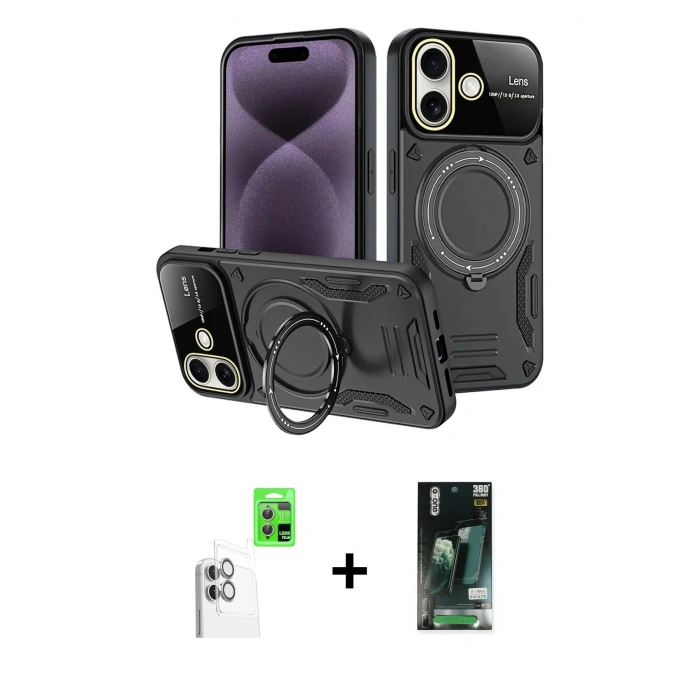 MARSİLYAN™- iPhone 16 Kılıf Kıvılcım Modern Serisi - Siyah 360 Mat Full Body Arka Koruyucu + Raze Metal Kamera Lens - BZ