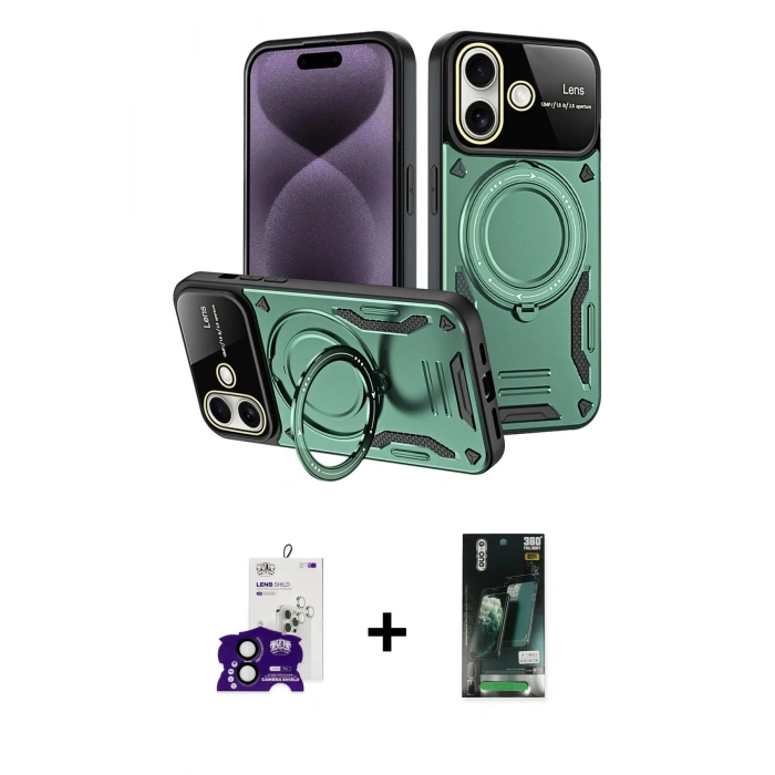 MARSİLYAN™- iPhone 16 Kılıf Kıvılcım Modern Serisi - Siyah 360 Mat Full Body Arka Koruyucu + Bilvis Titan Kamera Lens - SH