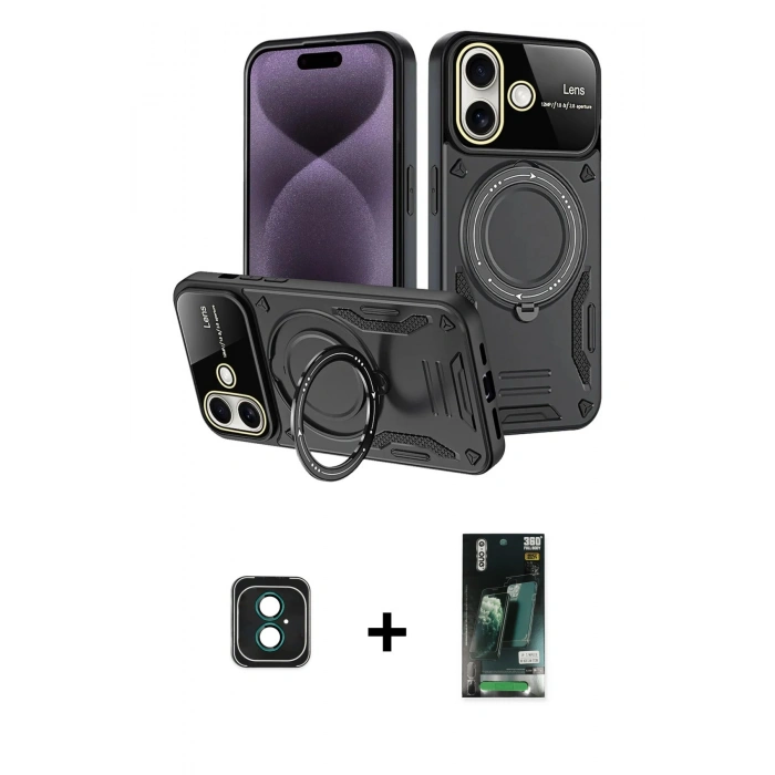 MARSİLYAN™- iPhone 16 Kılıf Kıvılcım Modern Serisi - Siyah 360 Mat Full Body Arka Koruyucu + PVD Metal Kamera Lens - YL