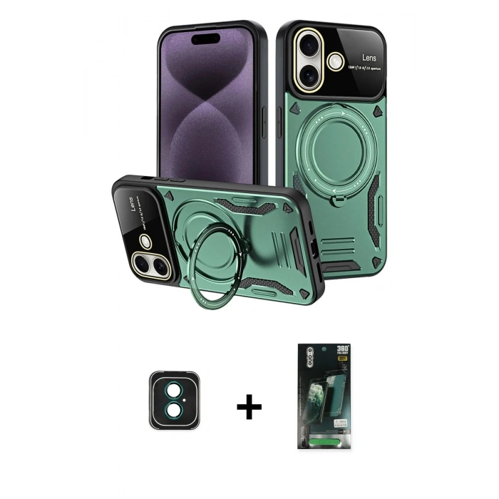 MARSİLYAN™- iPhone 16 Kılıf Kıvılcım Modern Serisi - Siyah 360 Mat Full Body Arka Koruyucu + PVD Metal Kamera Lens - YL