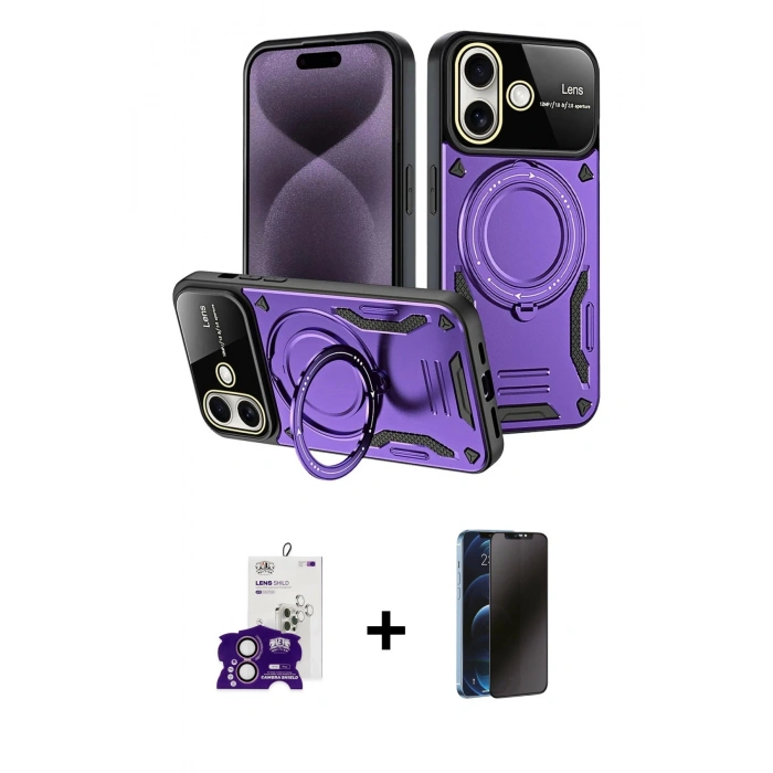 MARSİLYAN™- iPhone 16 Kılıf Kıvılcım Modern Serisi - Siyah 3D Antistatik Hayalet Cam Ekran Koruyucu + Bilvis Titan Kamera Lens - PE