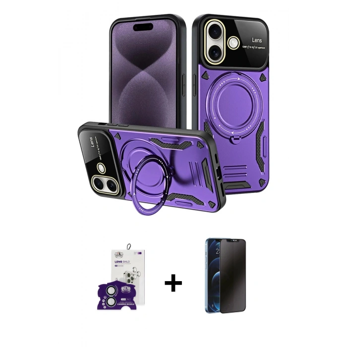 MARSİLYAN™- iPhone 16 Kılıf Kıvılcım Modern Serisi - Siyah 3D Antistatik Hayalet Cam Ekran Koruyucu + Bilvis Titan Kamera Lens - YL