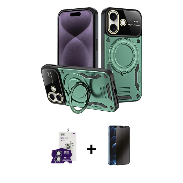 MARSİLYAN™- iPhone 16 Kılıf Kıvılcım Modern Serisi - Siyah 3D Antistatik Hayalet Cam Ekran Koruyucu + Bilvis Titan Kamera Lens - YL