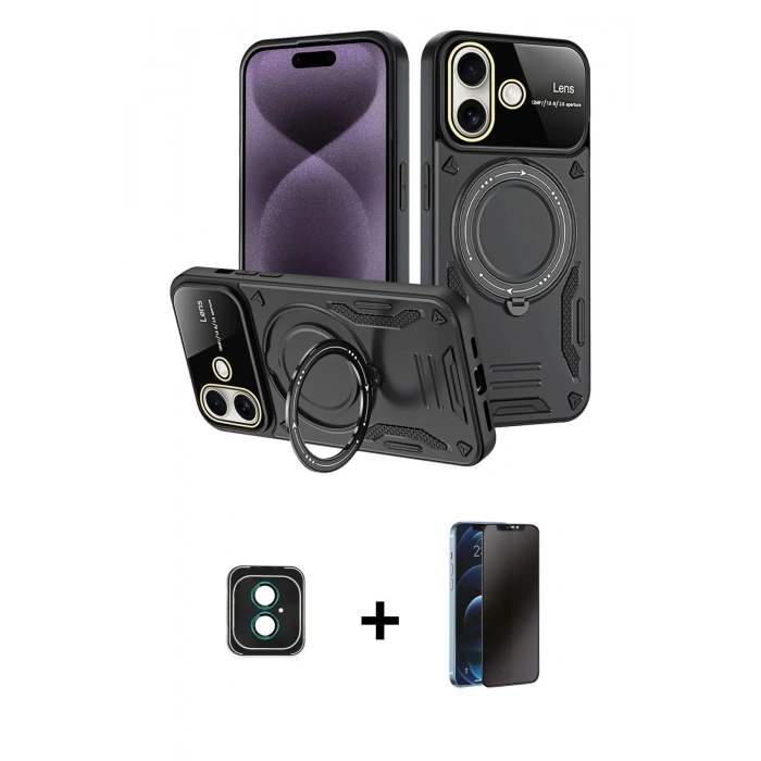 MARSİLYAN™- iPhone 16 Kılıf Kıvılcım Modern Serisi - Siyah 3D Antistatik Hayalet Cam Ekran Koruyucu + PVD Metal Kamera Lens - YL