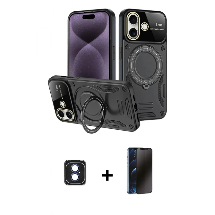 MARSİLYAN™- iPhone 16 Kılıf Kıvılcım Modern Serisi - Siyah 3D Antistatik Hayalet Cam Ekran Koruyucu + PVD Metal Kamera Lens - MI