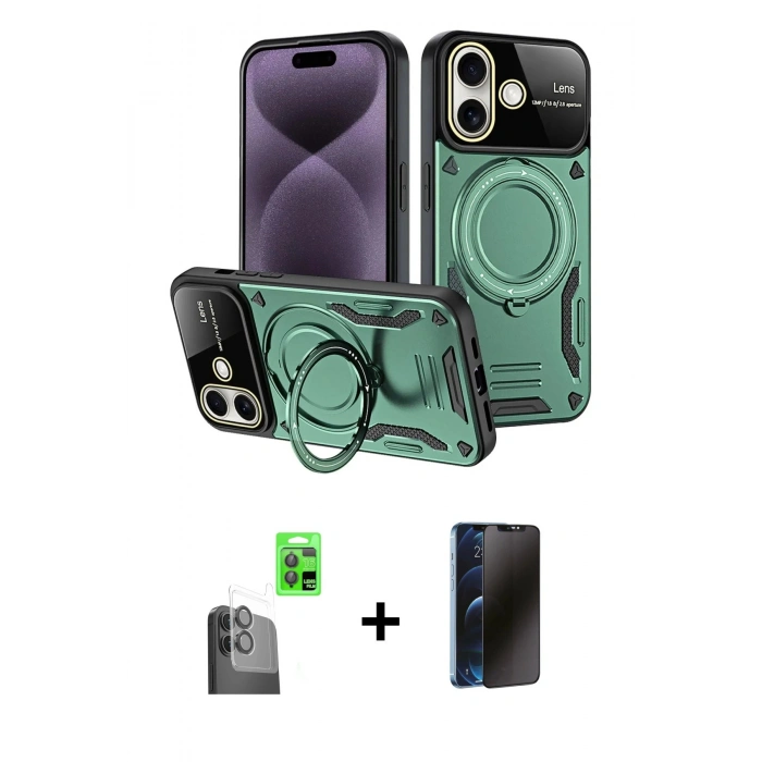 MARSİLYAN™- iPhone 16 Kılıf Kıvılcım Modern Serisi - Siyah 3D Antistatik Hayalet Cam Ekran Koruyucu + Raze Metal Kamera Lens - SH