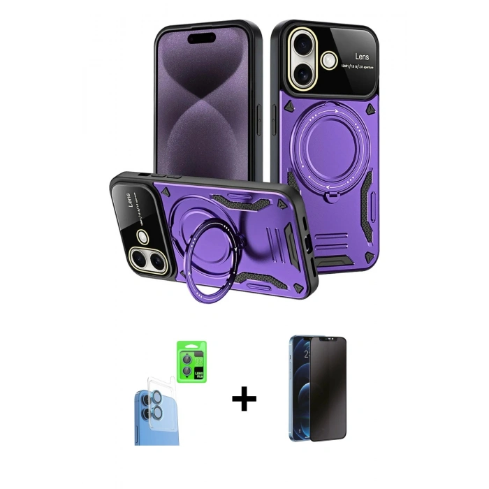 MARSİLYAN™- iPhone 16 Kılıf Kıvılcım Modern Serisi - Siyah 3D Antistatik Hayalet Cam Ekran Koruyucu + Raze Metal Kamera Lens - LT