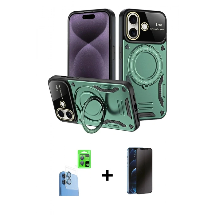 MARSİLYAN™- iPhone 16 Kılıf Kıvılcım Modern Serisi - Siyah 3D Antistatik Hayalet Cam Ekran Koruyucu + Raze Metal Kamera Lens - LT
