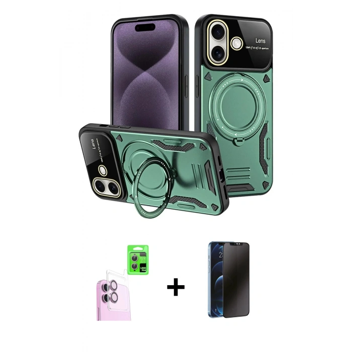 MARSİLYAN™- iPhone 16 Kılıf Kıvılcım Modern Serisi - Siyah 3D Antistatik Hayalet Cam Ekran Koruyucu + Raze Metal Kamera Lens - PE