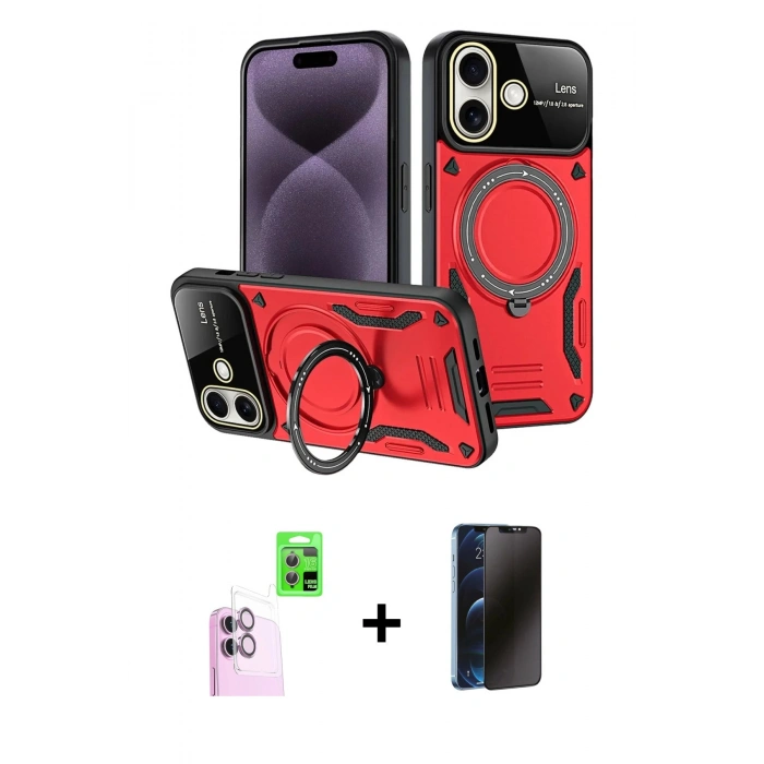 MARSİLYAN™- iPhone 16 Kılıf Kıvılcım Modern Serisi - Siyah 3D Antistatik Hayalet Cam Ekran Koruyucu + Raze Metal Kamera Lens - PE