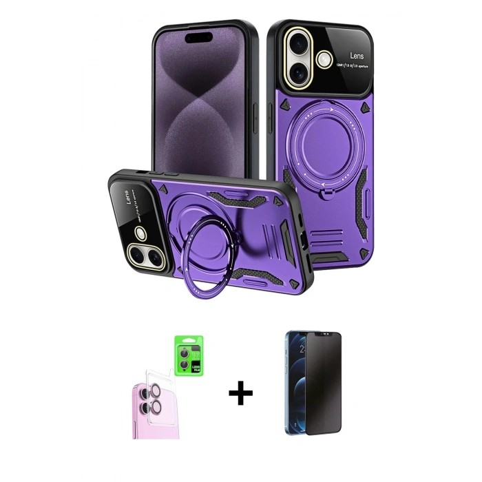 MARSİLYAN™- iPhone 16 Kılıf Kıvılcım Modern Serisi - Siyah 3D Antistatik Hayalet Cam Ekran Koruyucu + Raze Metal Kamera Lens - PE
