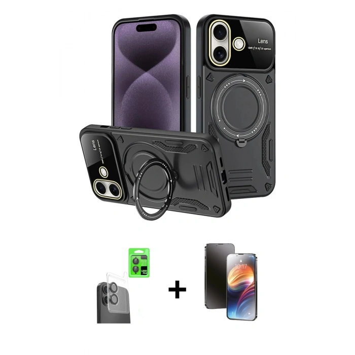 MARSİLYAN™- iPhone 16 Kılıf Kıvılcım Modern Serisi - Siyah 3D Antistatik Mat Seramik Nano Ekran Koruyucu + Raze Metal Kamera Lens - SH