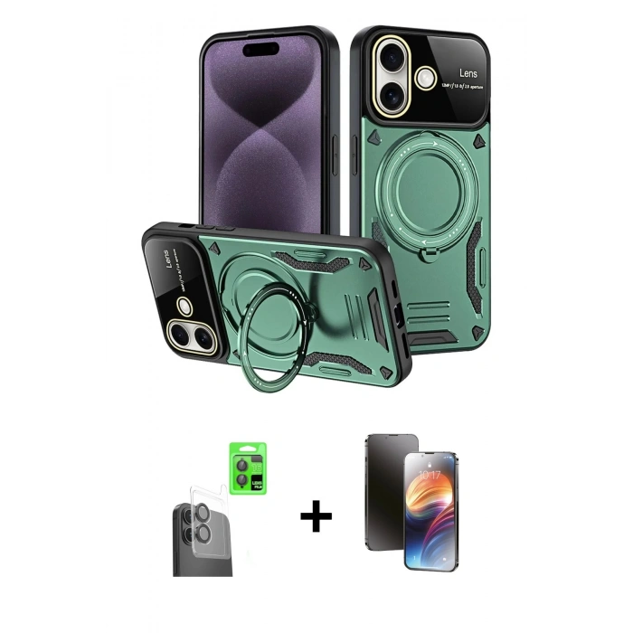 MARSİLYAN™- iPhone 16 Kılıf Kıvılcım Modern Serisi - Siyah 3D Antistatik Mat Seramik Nano Ekran Koruyucu + Raze Metal Kamera Lens - SH