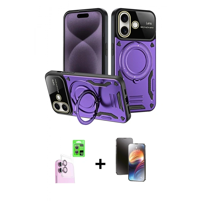 MARSİLYAN™- iPhone 16 Kılıf Kıvılcım Modern Serisi - Siyah 3D Antistatik Mat Seramik Nano Ekran Koruyucu + Raze Metal Kamera Lens - PE