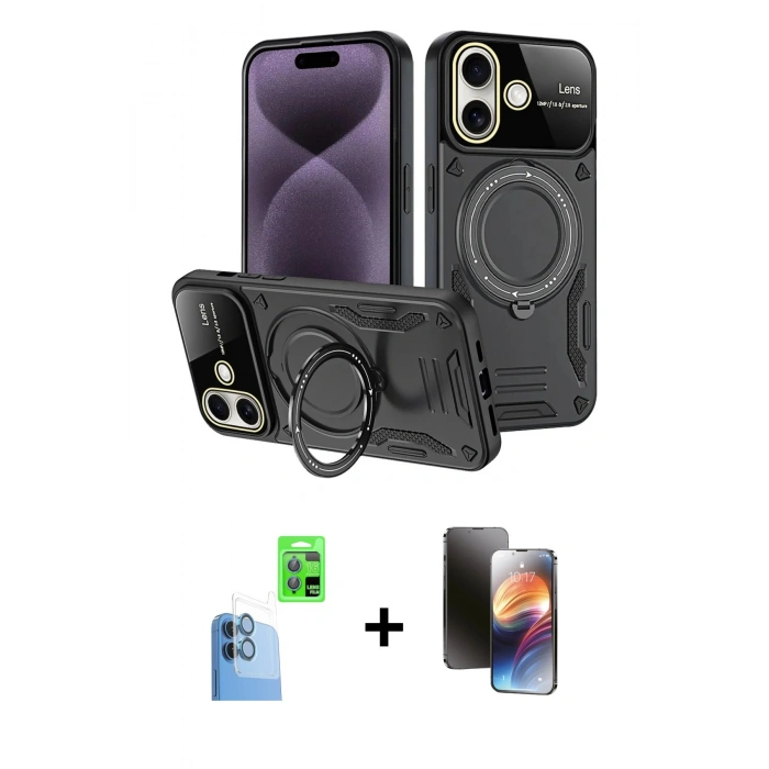MARSİLYAN™- iPhone 16 Kılıf Kıvılcım Modern Serisi - Siyah 3D Antistatik Mat Seramik Nano Ekran Koruyucu + Raze Metal Kamera Lens - LT