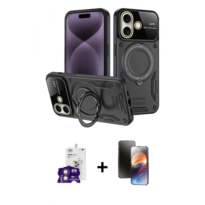 MARSİLYAN™- iPhone 16 Kılıf Kıvılcım Modern Serisi - Siyah 3D Antistatik Mat Seramik Nano Ekran Koruyucu + Bilvis Titan Kamera Lens - PE