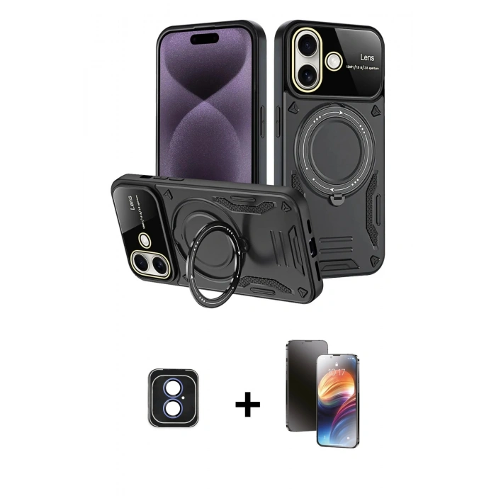 MARSİLYAN™- iPhone 16 Kılıf Kıvılcım Modern Serisi - Siyah 3D Antistatik Mat Seramik Nano Ekran Koruyucu + PVD Metal Kamera Lens - MI