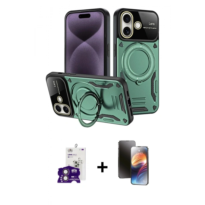 MARSİLYAN™- iPhone 16 Kılıf Kıvılcım Modern Serisi - Siyah 3D Antistatik Mat Seramik Nano Ekran Koruyucu + Bilvis Titan Kamera Lens - PE