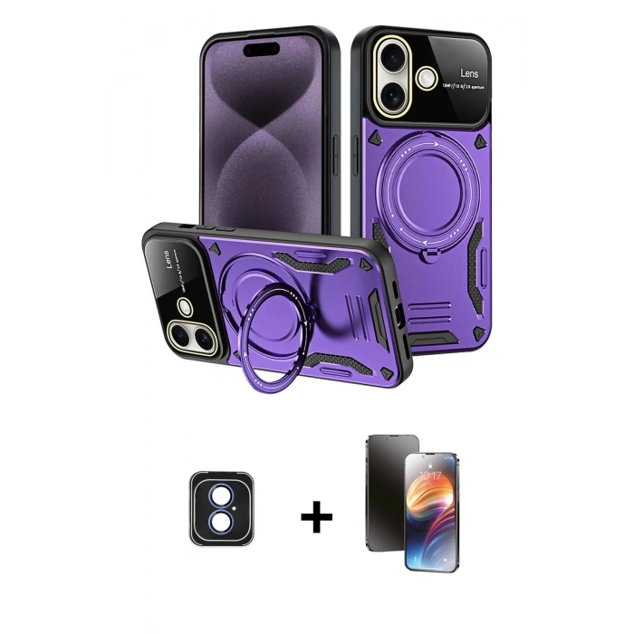 MARSİLYAN™- iPhone 16 Kılıf Kıvılcım Modern Serisi - Siyah 3D Antistatik Mat Seramik Nano Ekran Koruyucu + PVD Metal Kamera Lens - MI
