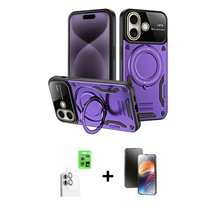 MARSİLYAN™- iPhone 16 Kılıf Kıvılcım Modern Serisi - Siyah 3D Antistatik Mat Seramik Nano Ekran Koruyucu + Raze Metal Kamera Lens - BZ
