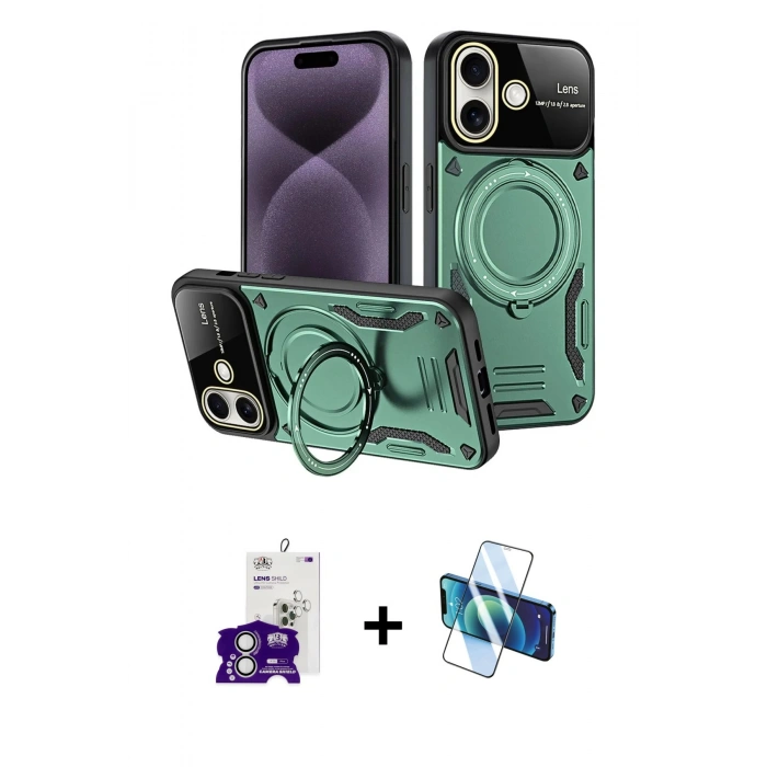 MARSİLYAN™- iPhone 16 Kılıf Kıvılcım Modern Serisi - Siyah 3D Antistatik Seramik Nano Ekran Koruyucu + Bilvis Titan Kamera Lens - GS