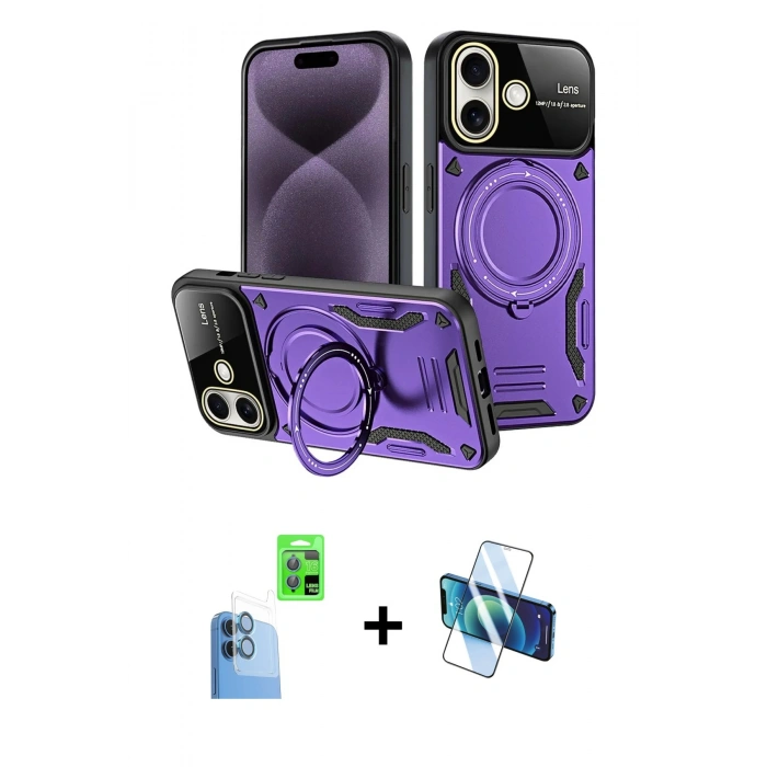 MARSİLYAN™- iPhone 16 Kılıf Kıvılcım Modern Serisi - Siyah 3D Antistatik Seramik Nano Ekran Koruyucu + Raze Metal Kamera Lens - LT