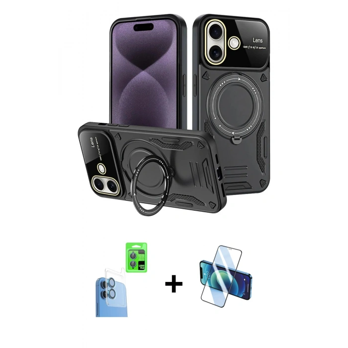 MARSİLYAN™- iPhone 16 Kılıf Kıvılcım Modern Serisi - Siyah 3D Antistatik Seramik Nano Ekran Koruyucu + Raze Metal Kamera Lens - LT