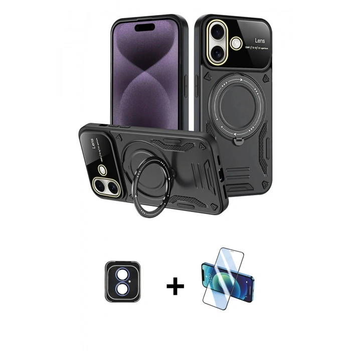 MARSİLYAN™- iPhone 16 Kılıf Kıvılcım Modern Serisi - Siyah 3D Antistatik Seramik Nano Ekran Koruyucu + PVD Metal Kamera Lens - MI