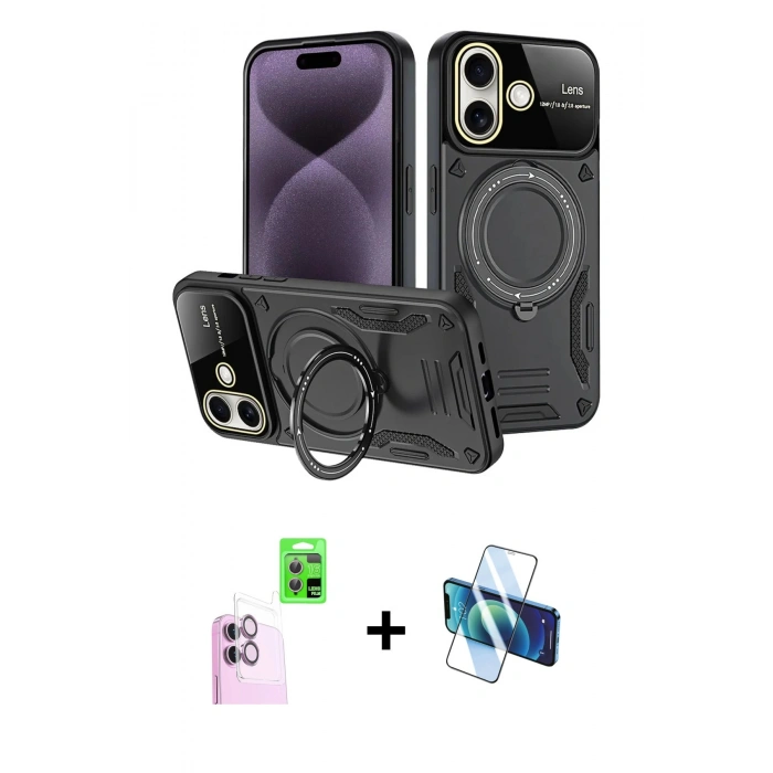 MARSİLYAN™- iPhone 16 Kılıf Kıvılcım Modern Serisi - Siyah 3D Antistatik Seramik Nano Ekran Koruyucu + Raze Metal Kamera Lens - PE
