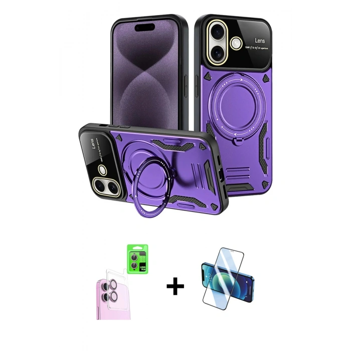 MARSİLYAN™- iPhone 16 Kılıf Kıvılcım Modern Serisi - Siyah 3D Antistatik Seramik Nano Ekran Koruyucu + Raze Metal Kamera Lens - PE