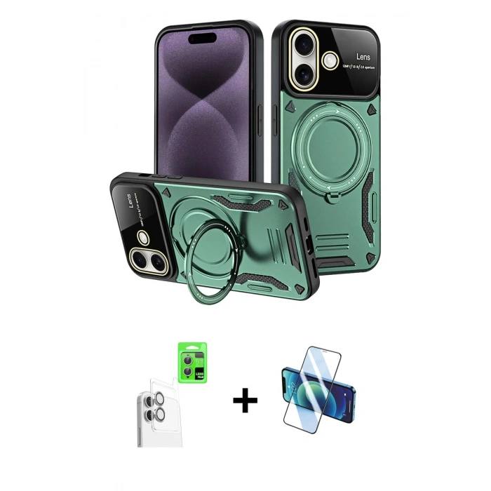 MARSİLYAN™- iPhone 16 Kılıf Kıvılcım Modern Serisi - Siyah 3D Antistatik Seramik Nano Ekran Koruyucu + Raze Metal Kamera Lens - BZ