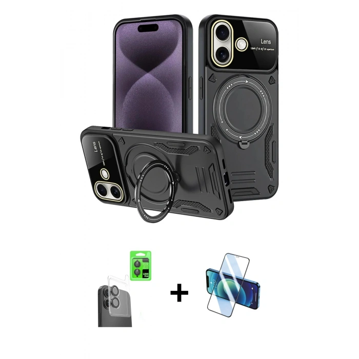 MARSİLYAN™- iPhone 16 Kılıf Kıvılcım Modern Serisi - Siyah 3D Antistatik Seramik Nano Ekran Koruyucu + Raze Metal Kamera Lens - SH