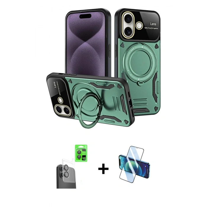 MARSİLYAN™- iPhone 16 Kılıf Kıvılcım Modern Serisi - Siyah 3D Antistatik Seramik Nano Ekran Koruyucu + Raze Metal Kamera Lens - SH