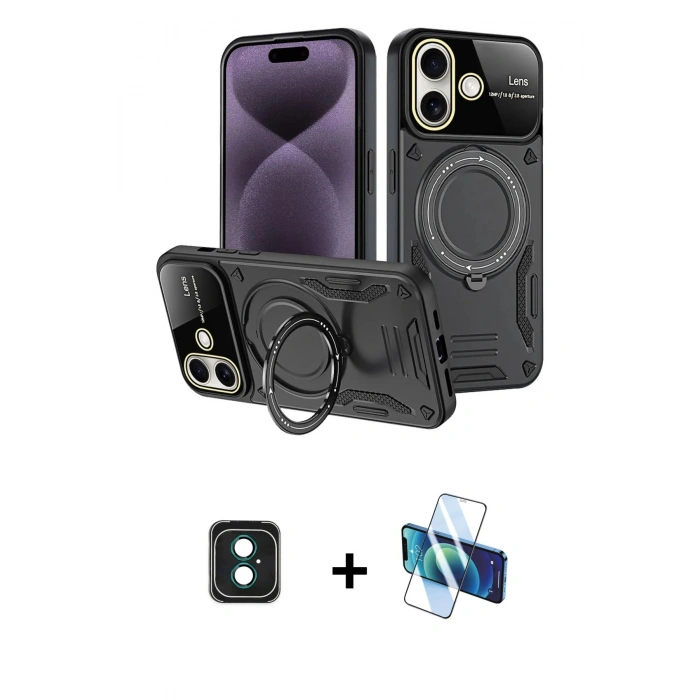 MARSİLYAN™- iPhone 16 Kılıf Kıvılcım Modern Serisi - Siyah 3D Antistatik Seramik Nano Ekran Koruyucu + PVD Metal Kamera Lens - YL