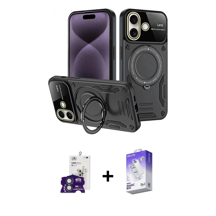 MARSİLYAN™- iPhone 16 Kılıf Kıvılcım Modern Serisi - Siyah Bilvis 5in1 3D Magic Cam Ekran Koruyucu + Bilvis Titan Kamera Lens - YL