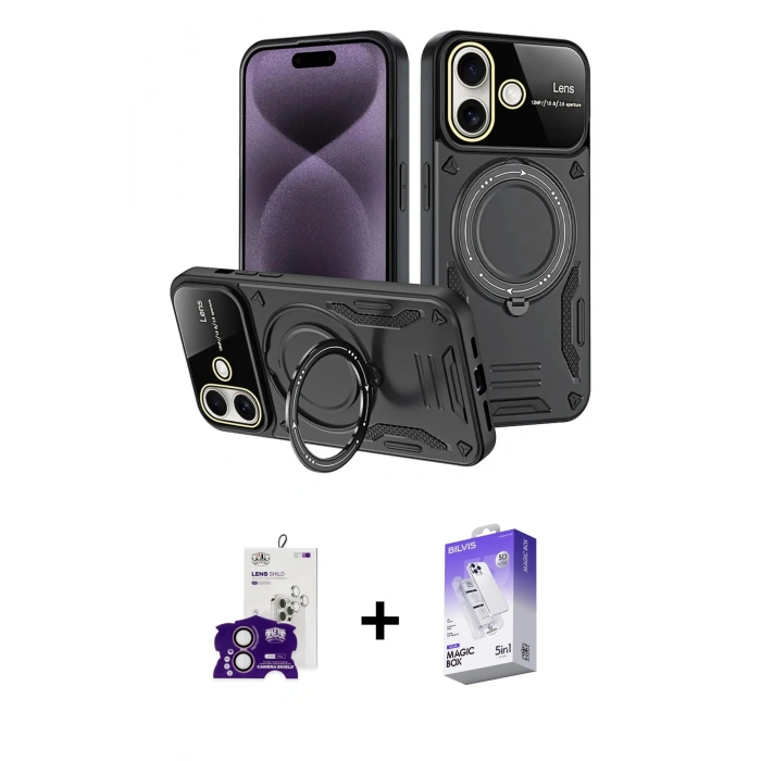 MARSİLYAN™- iPhone 16 Kılıf Kıvılcım Modern Serisi - Siyah Bilvis 5in1 3D Magic Cam Ekran Koruyucu + Bilvis Titan Kamera Lens - PE
