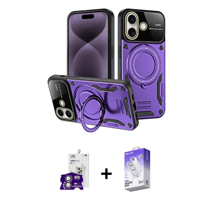 MARSİLYAN™- iPhone 16 Kılıf Kıvılcım Modern Serisi - Siyah Bilvis 5in1 3D Magic Cam Ekran Koruyucu + Gümüş Bilvis Titan Kamera Lens