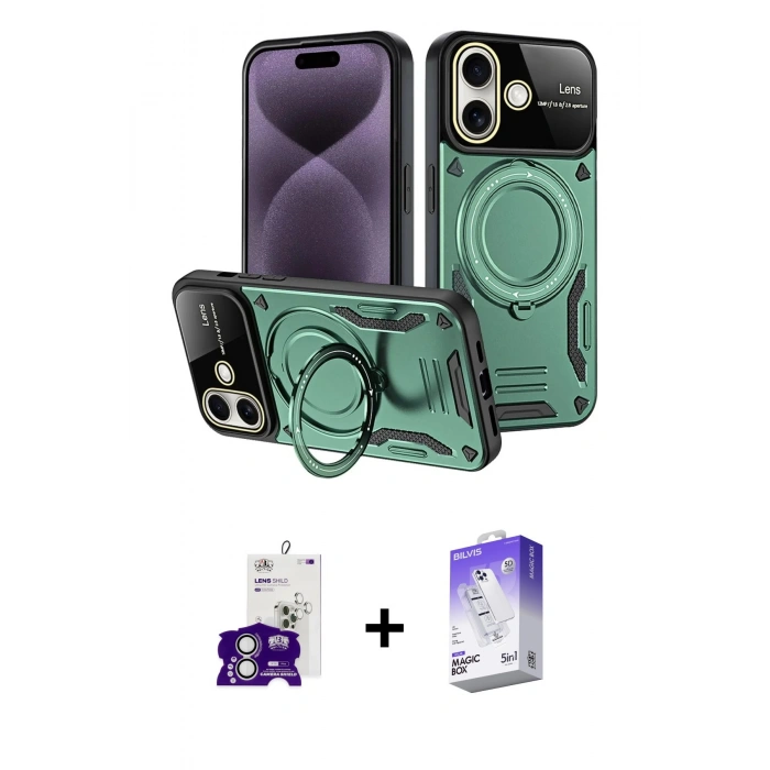 MARSİLYAN™- iPhone 16 Kılıf Kıvılcım Modern Serisi - Siyah Bilvis 5in1 3D Magic Cam Ekran Koruyucu + Gümüş Bilvis Titan Kamera Lens