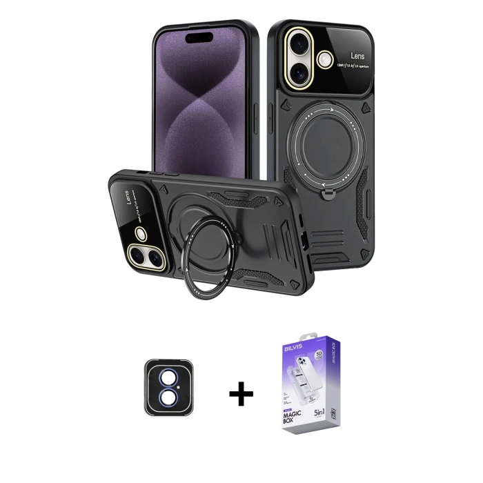 MARSİLYAN™- iPhone 16 Kılıf Kıvılcım Modern Serisi - Siyah Bilvis 5in1 3D Magic Cam Ekran Koruyucu + PVD Metal Kamera Lens - MI