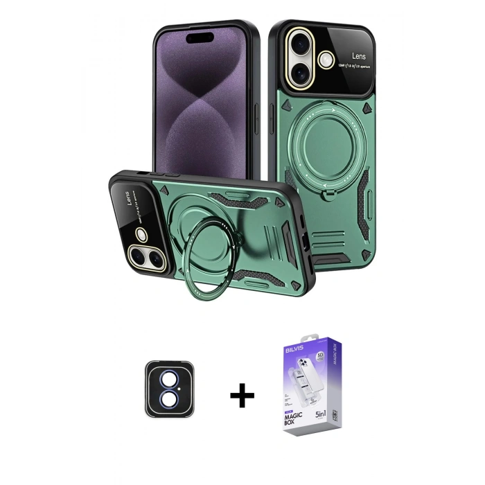 MARSİLYAN™- iPhone 16 Kılıf Kıvılcım Modern Serisi - Siyah Bilvis 5in1 3D Magic Cam Ekran Koruyucu + PVD Metal Kamera Lens - MI