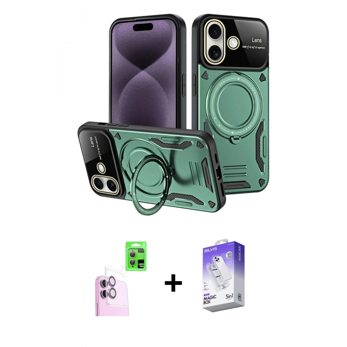 MARSİLYAN™- iPhone 16 Kılıf Kıvılcım Modern Serisi - Siyah Bilvis 5in1 3D Magic Cam Ekran Koruyucu + Raze Metal Kamera Lens - PE