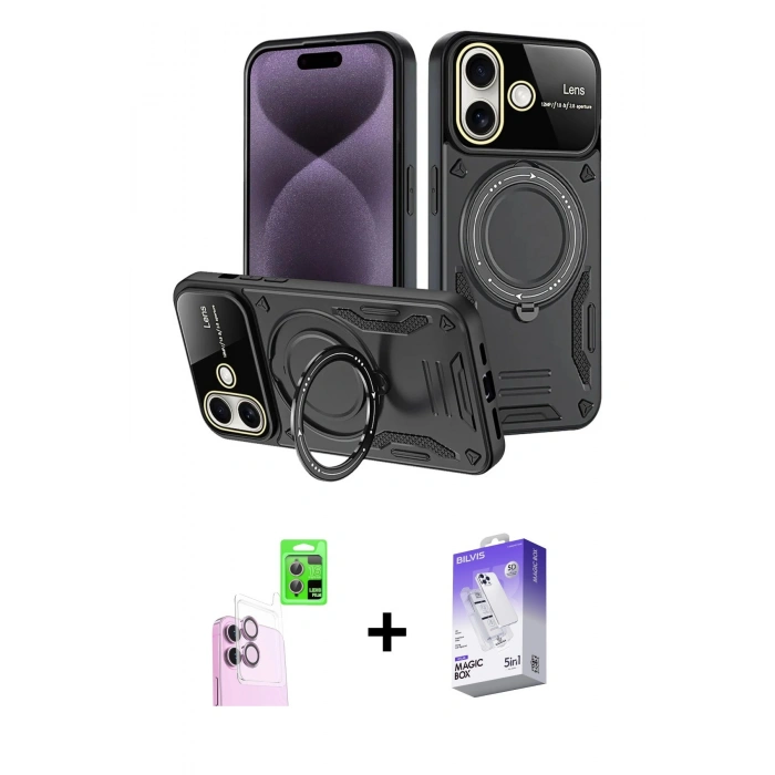 MARSİLYAN™- iPhone 16 Kılıf Kıvılcım Modern Serisi - Siyah Bilvis 5in1 3D Magic Cam Ekran Koruyucu + Raze Metal Kamera Lens - PE