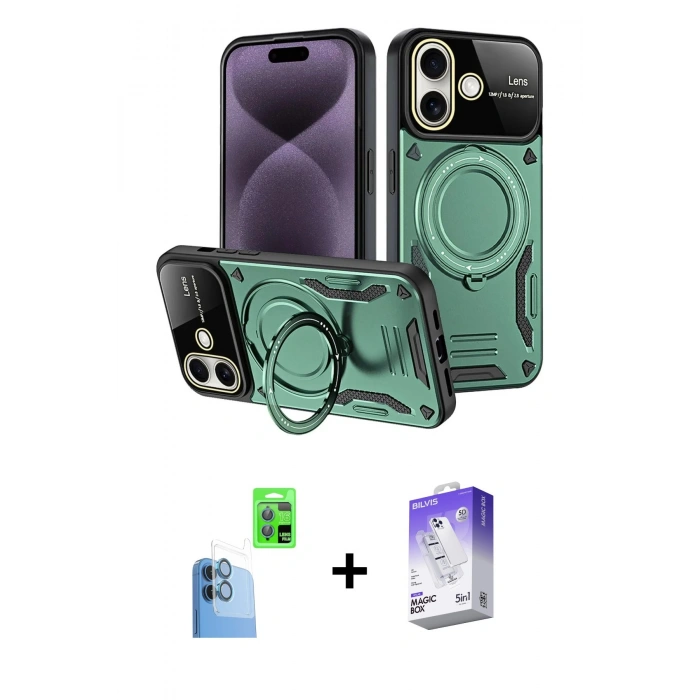 MARSİLYAN™- iPhone 16 Kılıf Kıvılcım Modern Serisi - Siyah Bilvis 5in1 3D Magic Cam Ekran Koruyucu + Raze Metal Kamera Lens - LT