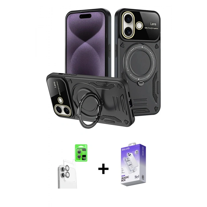 MARSİLYAN™- iPhone 16 Kılıf Kıvılcım Modern Serisi - Siyah Bilvis 5in1 3D Magic Cam Ekran Koruyucu + Raze Metal Kamera Lens - BZ