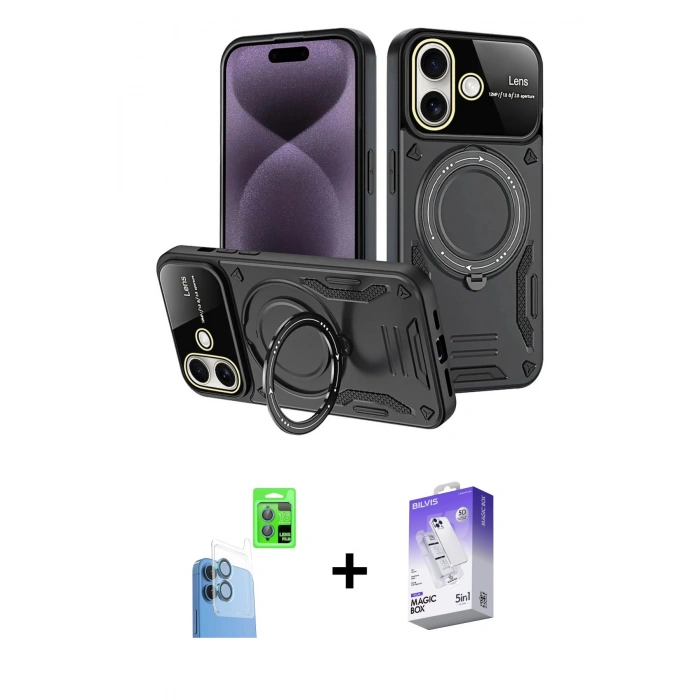 MARSİLYAN™- iPhone 16 Kılıf Kıvılcım Modern Serisi - Siyah Bilvis 5in1 3D Magic Cam Ekran Koruyucu + Raze Metal Kamera Lens - LT