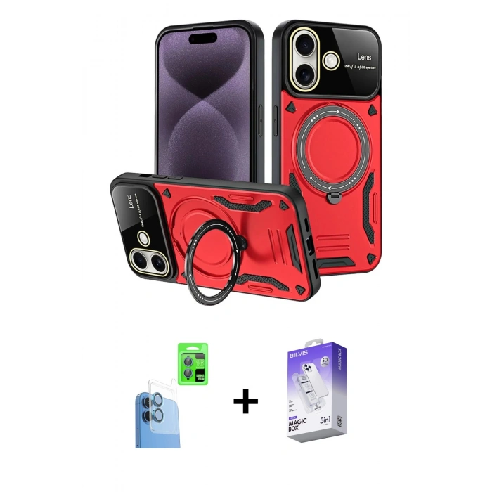 MARSİLYAN™- iPhone 16 Kılıf Kıvılcım Modern Serisi - Siyah Bilvis 5in1 3D Magic Cam Ekran Koruyucu + Raze Metal Kamera Lens - LT