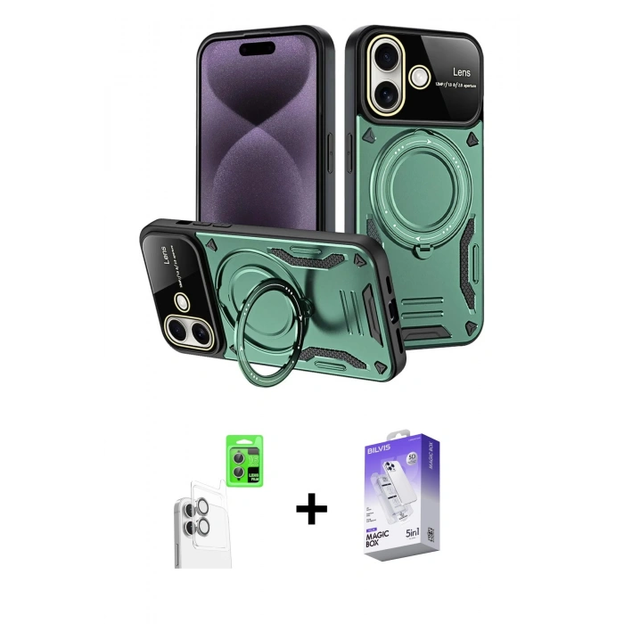 MARSİLYAN™- iPhone 16 Kılıf Kıvılcım Modern Serisi - Siyah Bilvis 5in1 3D Magic Cam Ekran Koruyucu + Raze Metal Kamera Lens - BZ