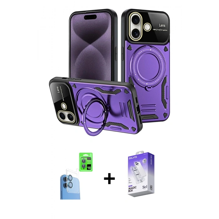 MARSİLYAN™- iPhone 16 Kılıf Kıvılcım Modern Serisi - Siyah Bilvis 5in1 3D Magic Cam Ekran Koruyucu + Raze Metal Kamera Lens - LT